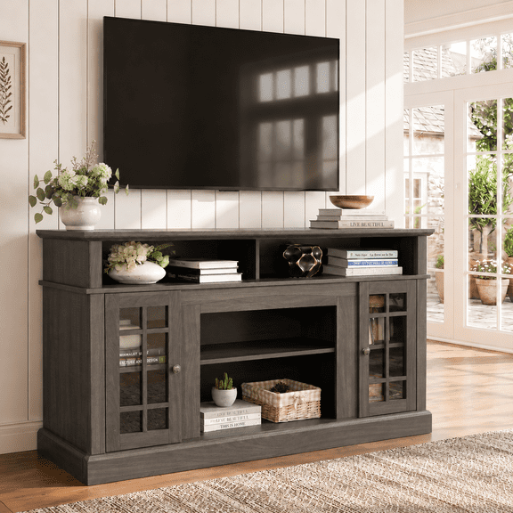 LegaHome Farmhouse TV Stand for 65 Inch TV, Wooden TV Cabinet with Open and Closed Storage Space, Media Console Table Entertainment Center for Living Room, Dark Walnut