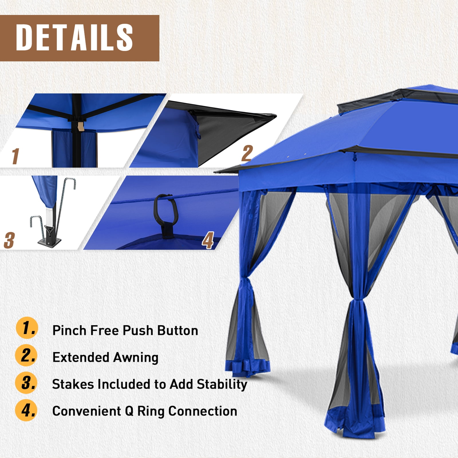 INTER HUT 11x11 Outdoor Pop up Gazebo Tent with Mesh Walls for Patio, Lawn, Backyard and Deck, Blue