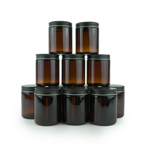 Tarro de vidrio de color ámbar envasado en la naturaleza, 250 ml, 12 paquetes con tapa negra