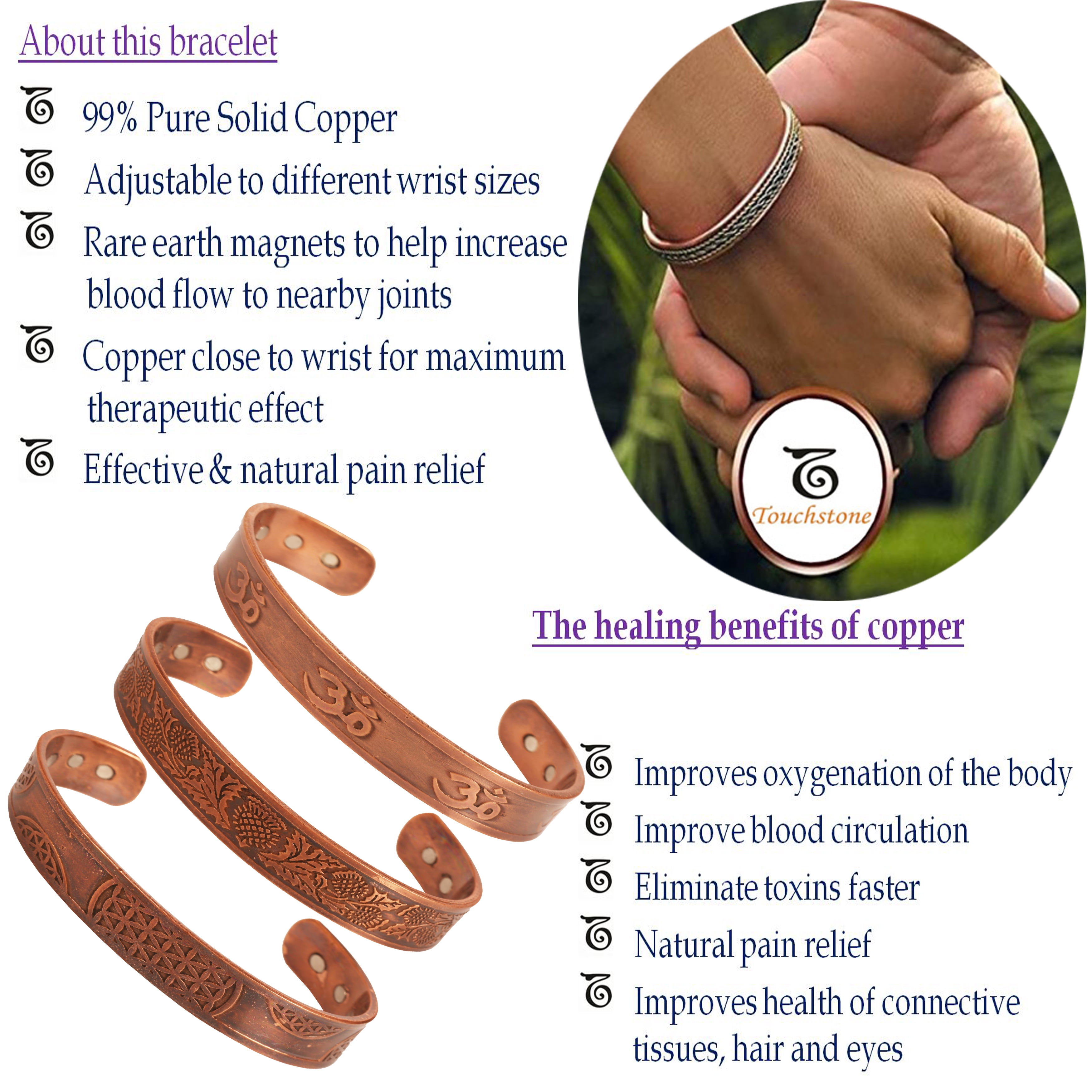 Sunsoul By Touchstone Indian Handcrafted Om Celtic Pattern Copper Jewelry 3 Bracelets In For All.