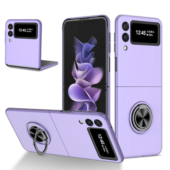 Compatible with Galaxy Z Flip 3 Case with Ring Grip Anti-Drop, Allytech Ultra Slim Matte PC All-Inclusive Protection Finger Ring Holder Car Mount Supported Stand Case for Samsung Z Flip3 2021, Purple