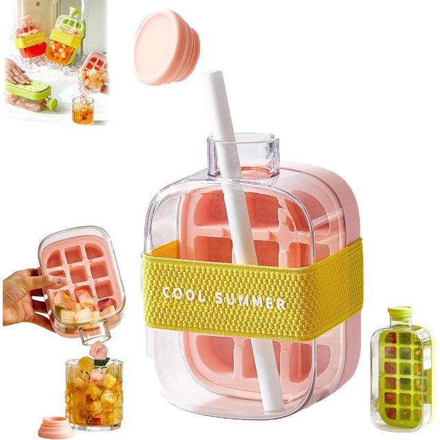 Ice Cube Bottle With Straw,2 In 1 Touch-Free Ice Cube Tray Water Bottle With Lid And Bin,Ice Cube Making Bottle For Freezer,Coffee, Juice,And Beverages (Pink, 12 Grids)