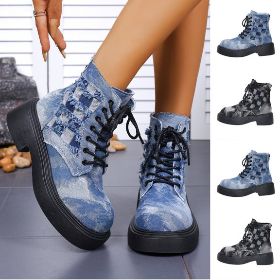 FRSASU Women's Denim Plaid Patchwork Combat Ankle Booties with Frayed Raw Edge Detail, Lace‑Up Front Round Toe Chunky Platform Short Boots Blue