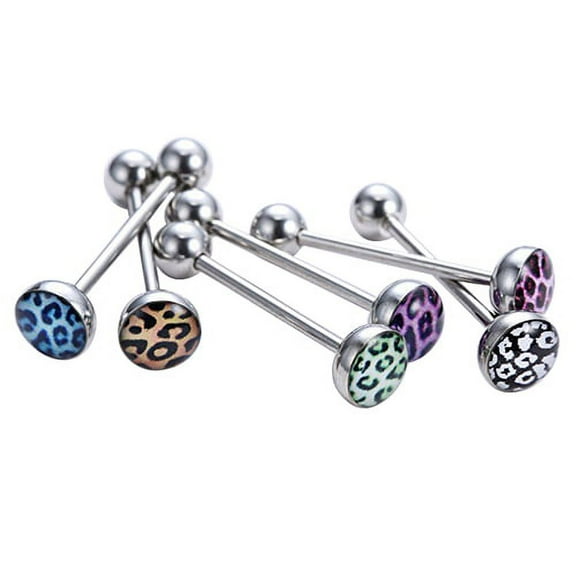 Ayyufe Pack Of 6 Mixed Leopard Ball Barbell Bar Tongue Ring Stainless Steel Body