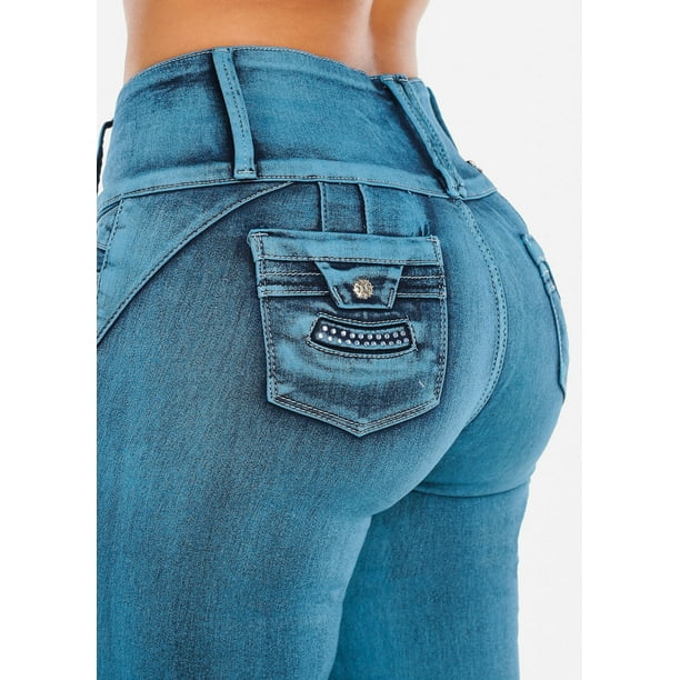 Moda Xpress Womens Skinny Jeans Mid Rise Levanta Cola Butt Lifting Blue Acid Wash Denim Jeans