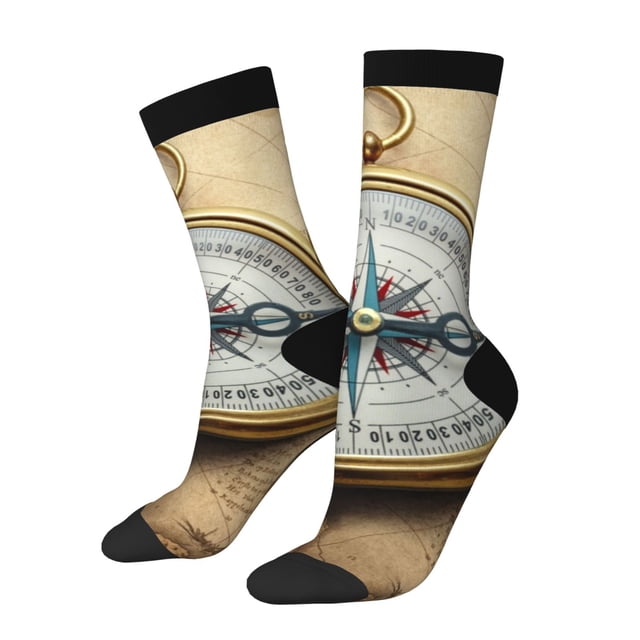 Fotbe Magnetic Old Compass On World Map Pattern Long Socks for Men & Women – Breathable & Stretchy Compression Socks, Ideal for Running, Travel, and Everyday Wear Size 5-11