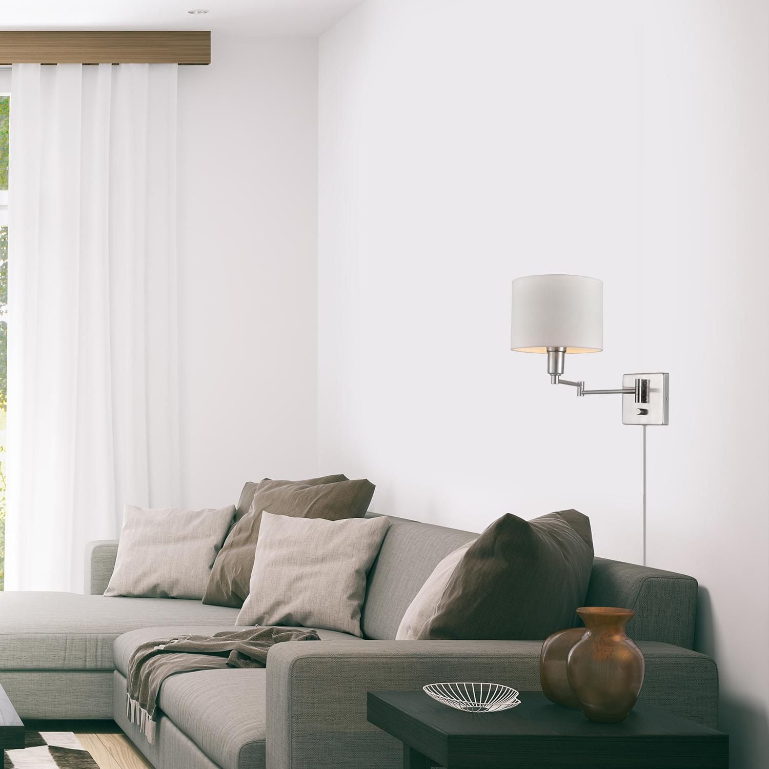 Globe Electric Bernard 1-Light Plug-In or Hardwire Metal Wall Sconce, Brushed Steel Finish, White Fabric Shade, 6ft Clear Cord, Rotary On/Off Switch, 65292