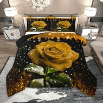 Homewish Gold Glitter Print Full Size Comforter Sets,Romsntic Yellow Rose Bedding Comforter Set,Rustic Flower Floral Bedding Sets For Adults,Ultra Soft Home Decor Reversible,3-Piece