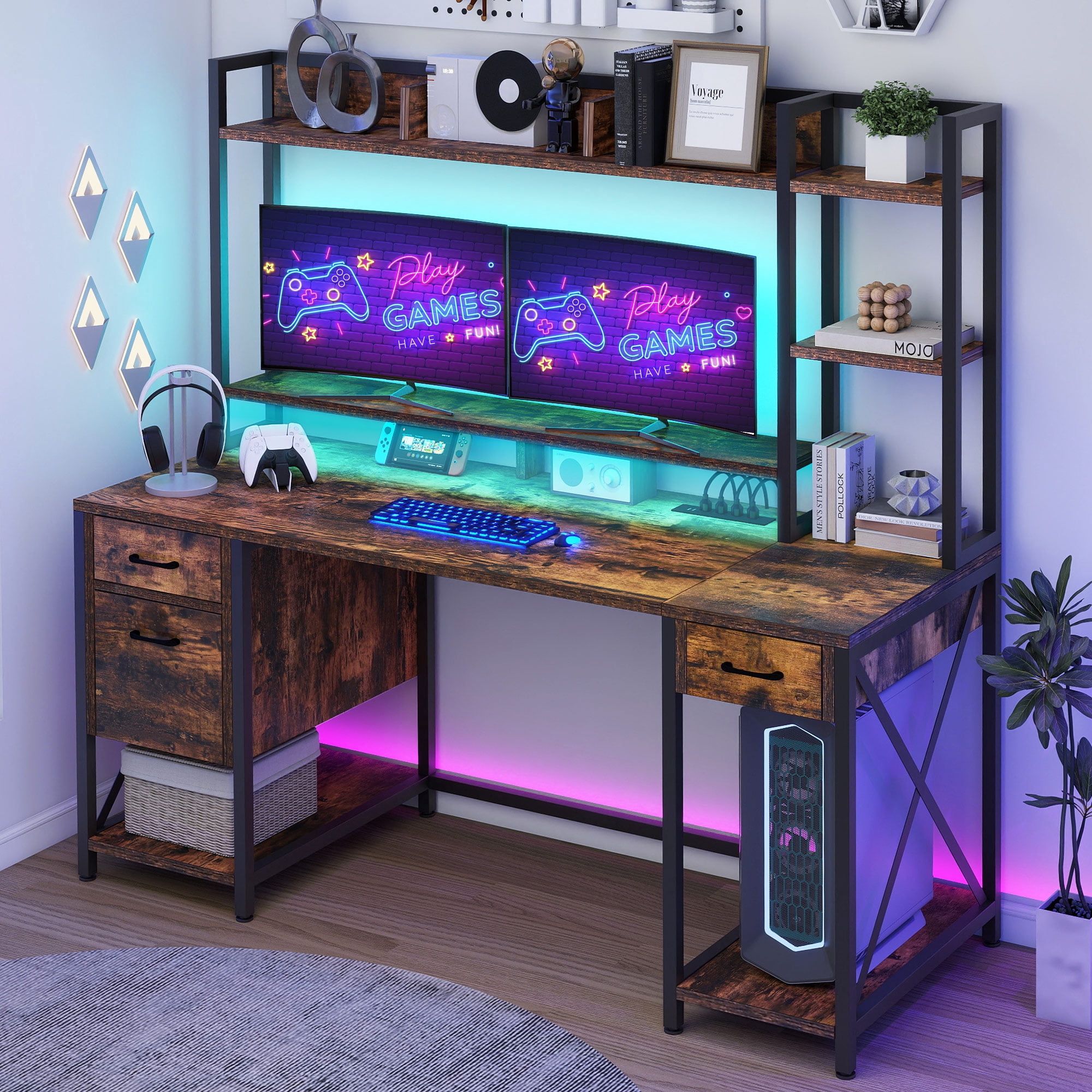 Uforic 59 "Computer Desk with Power Outlets & LED Light, Office Desks with Hutch & Monitor Stand, Gaming Desk Executive Desk with Storage Shelves for Home Office , Brown