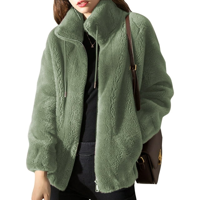 LUXUR Ladies Full Zip Sherpa Jackets Drawstring Holiday Overcoats Green 2XL