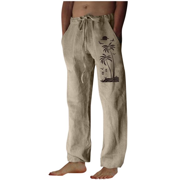Aimik Hanes Mens Casual Linen Pants Loose Fit Lightweight Elastic Waist Summer Fall Trouser with Pocket Print Wide Leg Lounge Pants Yoga Pants Beach Pants-Beige L