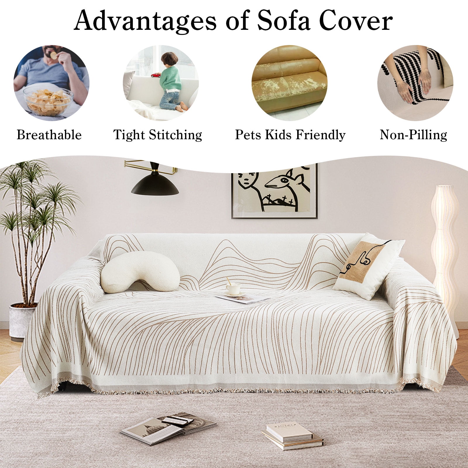 Eurhowing Boho Couch Cover for 2-3 Cushion Couch, Chenille Sofa Cover Blanket with a Pillowcase, Anti-Slip Tassel Sofa Slipcover for Pet, (71'' x 118'', Khaki Stripe)