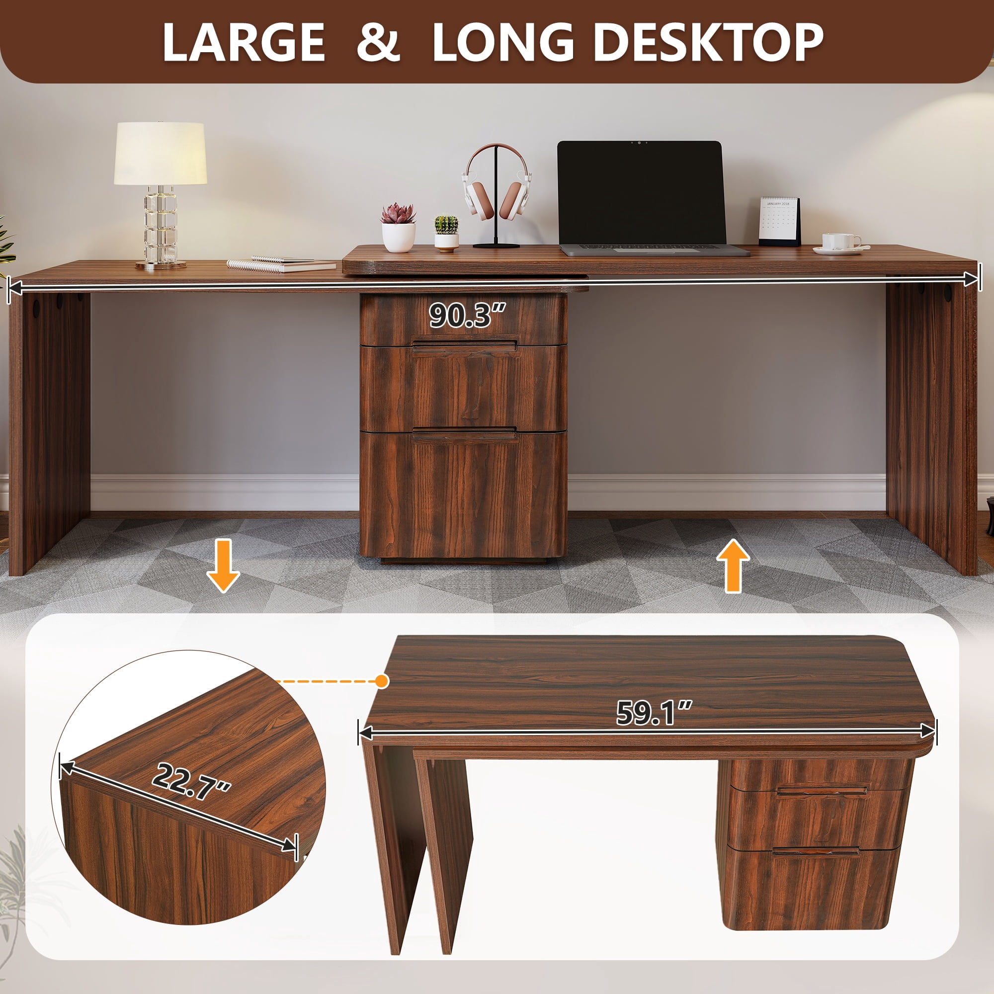 90" L Shaped Desk with 3 Drawers, 360° Rotating Corner Desk, Modern Executive Office Desk in Walnut, for Home Office Living Room Study Workstation