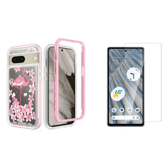 BD Hybrid Case for Google Pixel 7a Cover (Pink Flamingo Flowers) with (2-Pack) Glass Screen Protectors