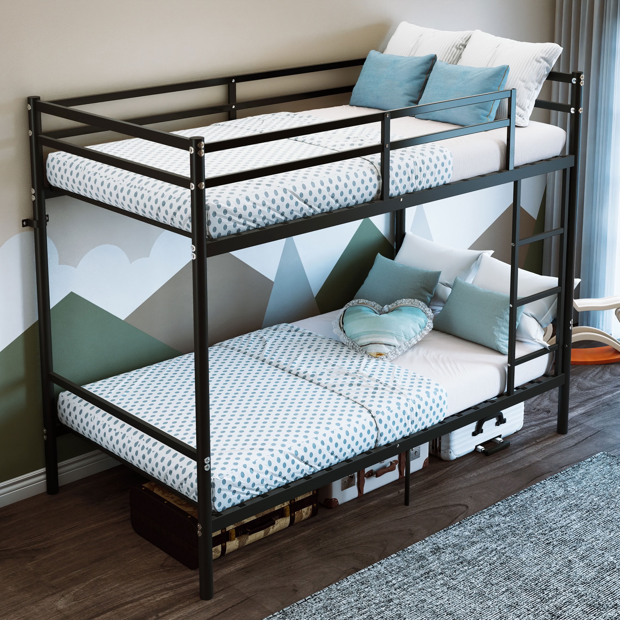 MAYEERTY Heavy Duty Twin Over Twin Metal Bunk Bed, Reinforced Steel Frame with 14" High Guardrails, for Kids Teens Adults, No Box Spring Needed, Black