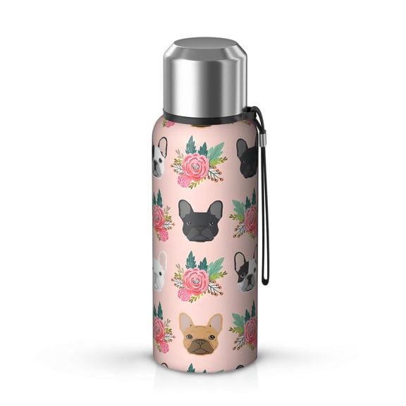 20 Oz Pink French Bulldog Flowers Florals Coffee Tumbler Double Wall Insulated Stainless Steel Water Bottle | Metal Reusable Thermoses Flask with Cup Cap | Leak & Sweat Proof with Anti-Dust Lid