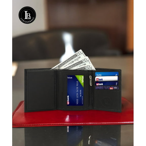 Leatherboss Genuine Leather Trifold Wallet with Pull-Out ID Window and Zipper Pocket