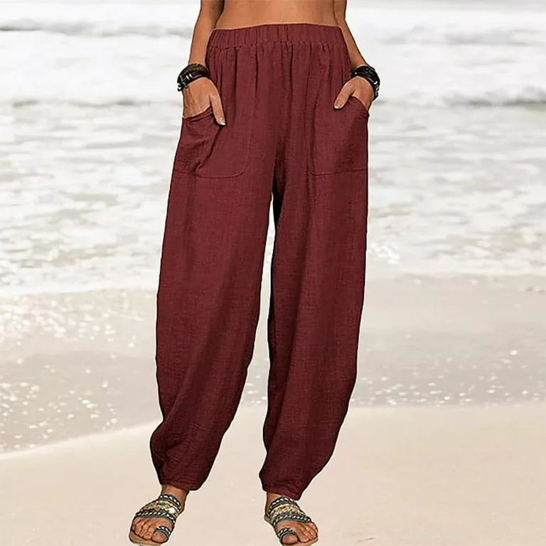 Leggings for Women Black Leggings Women Fashion Women Summer Leisure Loose Cotton and Linen Pocket Pure Trousers Pants Pants for Women Jogger Sets for Women 2 Piece Wine 2XL Walmart