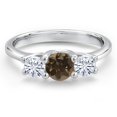 thumbnail image 3 of Gem Stone King 14K White Gold Brown Smoky Quartz & White Moissanite 3-Stone Engagement Ring | 0.96 Cttw | Round 5MM and 4MM | Three Stone Wedding Anniversary Promise Ring for Women (Size 9), 3 of 6