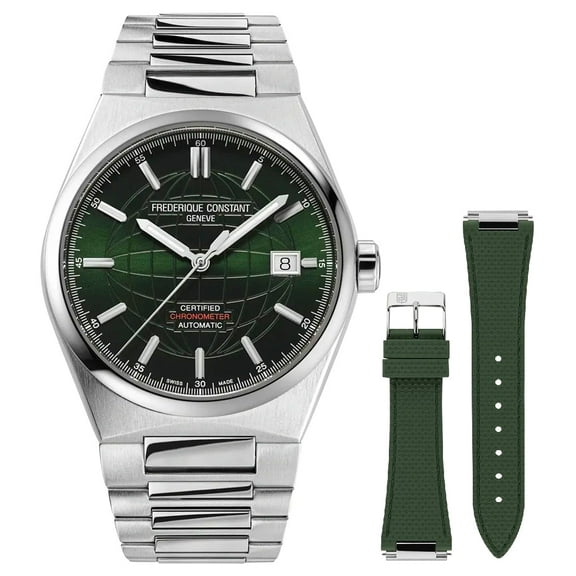 Frederique Constant Highlife COSC Automatic Stainless Steel Green Dial Interchangeable Green Rubber Strap Date Mens Watch FC-303G3NH6B