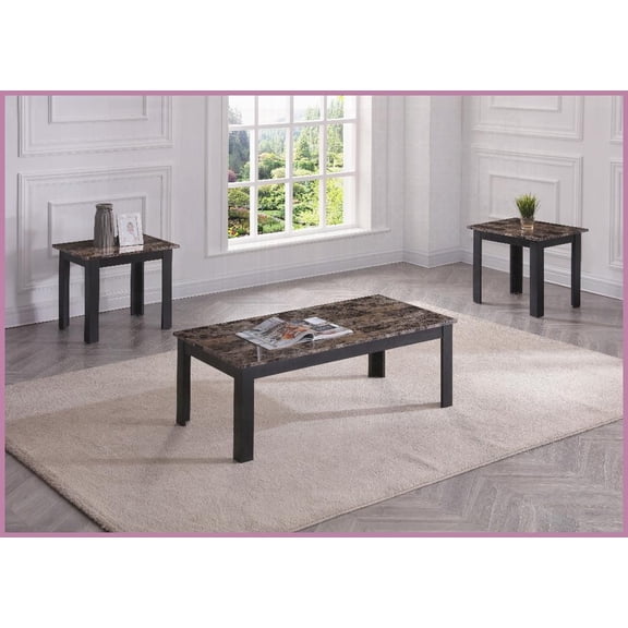 Traditional 3pc Coffee Table Set with Faux Marble Tops, Brown Finish & Easy Assembly for Living Room