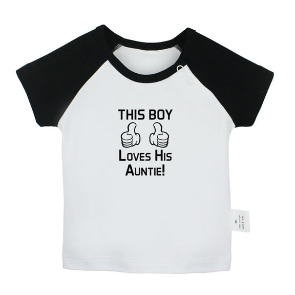 This Boy Loves His Auntie Funny T shirt For Baby, Newborn Babies T-shirts, Infant Tops, 0-24M Kids Graphic Tees Clothing (Short Black Raglan T-shirt, 0-6 Months)