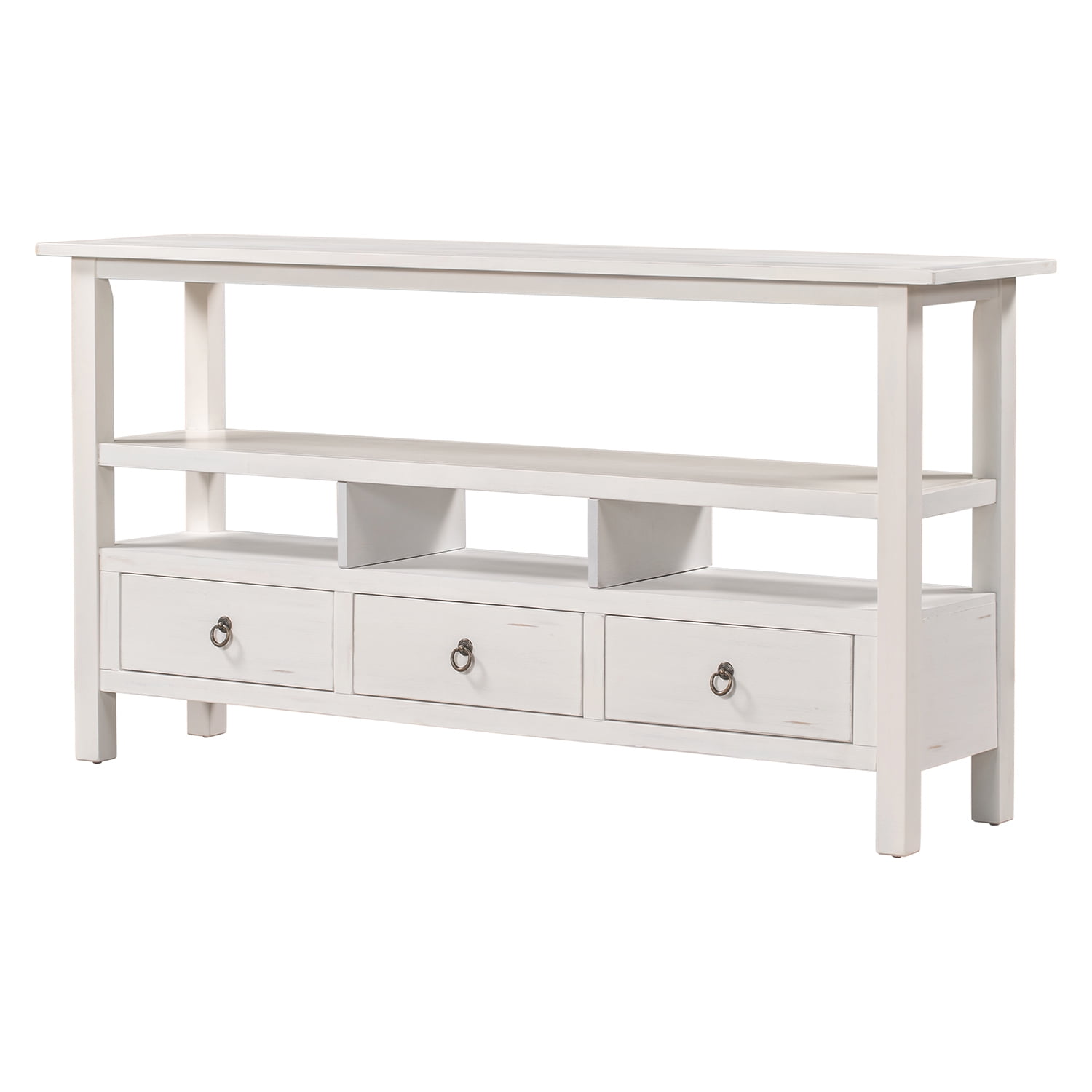 Kadyn Solid Wood Console Table, Sofa Console Table with Three Drawers and Double-Storey Tabletop, Classic Accent Table for Living Room, Antique White Kadyn Solid Wood Console Table, Sofa Console Table with Three Drawers and Double-Storey Tabletop, Classic Accent Table for Living Room, Antique White
