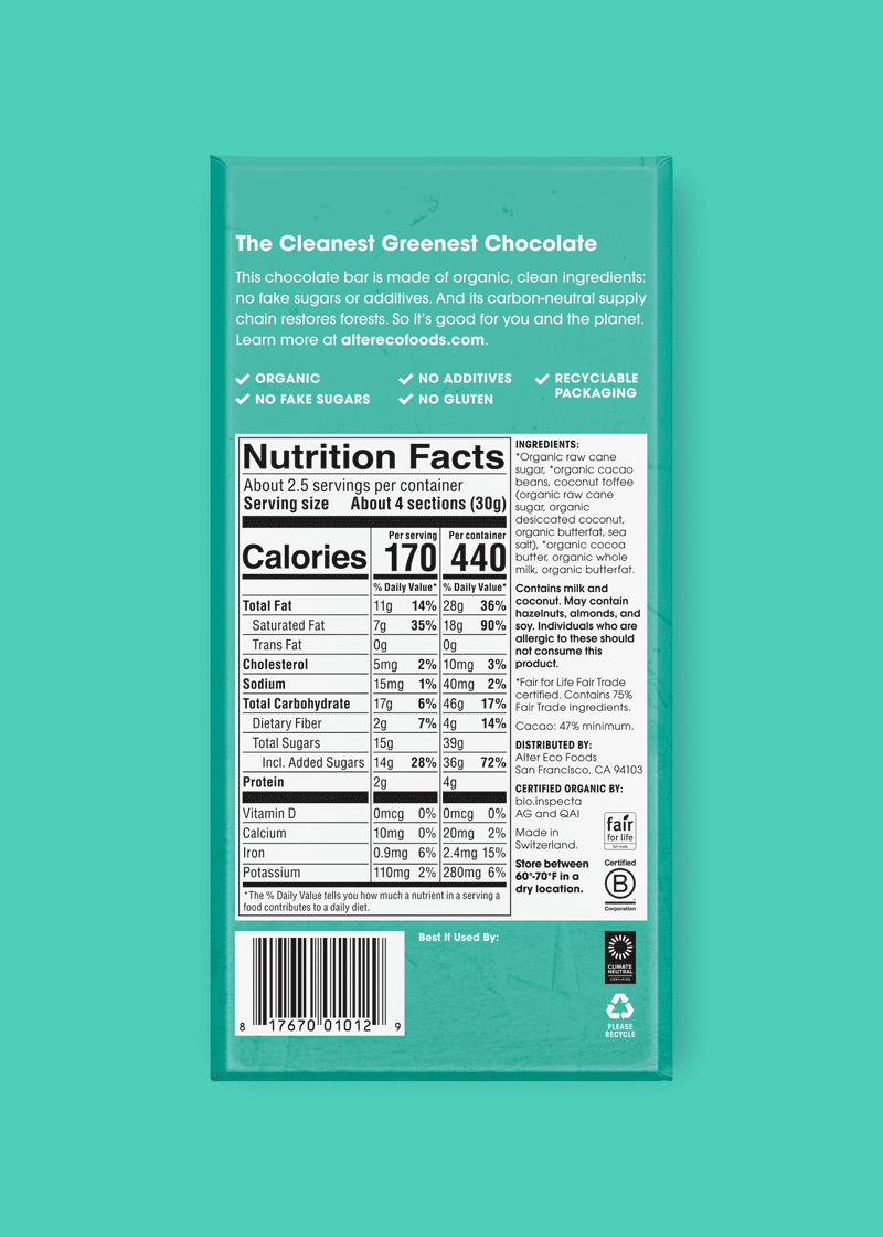 Pack of 12, Alter Eco Organic Dark Chocolate Bar Coconut Toffee, 2.82 oz
