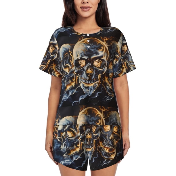 Fotbe Fiery Skull Trio Conjunto de Pijama Estampado para Mujer, 2 Piezas, Ropa de Dormir con Camiseta de Manga Corta y Shorts Suaves-Small
