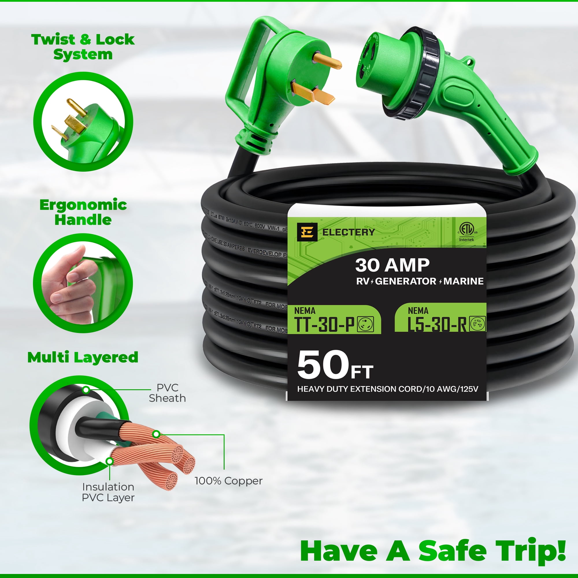 30 Amp 50 Ft RV Power Extension Cord NEMA TT-30P to L5-30R with Twist Locking Adopter, Heavy Duty STW Cord 3 Prong 10 Gauge for RV, Marine, Generator. ETL Listed