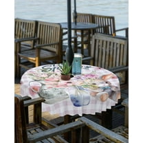 Easter Outdoor Round Tablecloth with Umbrella Hole 60 Inch,Wrinkle Free Wipeable Fabric Table Cloth Waterproof Zippered Cover for Camping Patio Party,Plaid Bunny Vase Flower Watercolor Easter Purple