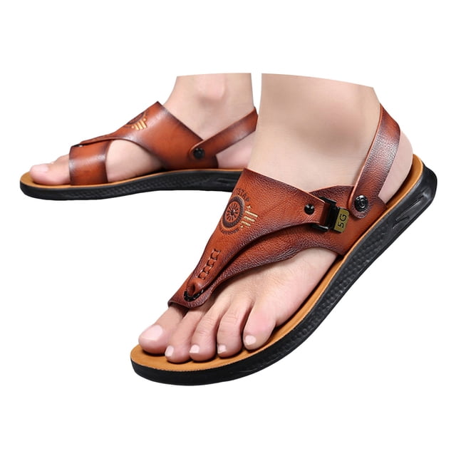 Dakaela Mens Sandals Summer Slippers Slip on Flip Flops for Men Dual Use Strap Leather Walking Flats