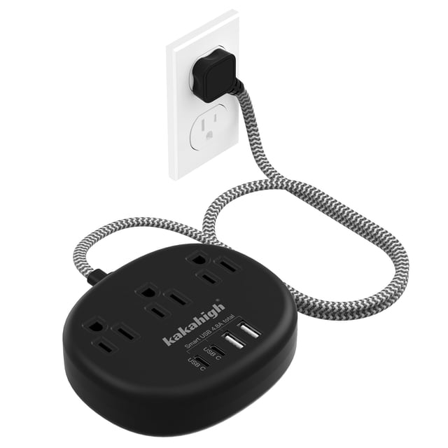 Cable de extensión corto con protector contra sobretensiones (1080J) - Cable de extensión pequeño, mini cable de extensión con 3 salidas de CA y 3+ USB, estación de carga junto a la cama para el hogar