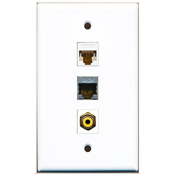 RiteAV - 1 Port RCA Yellow and 1 Port Shielded Cat6 Ethernet and 1 Port Cat6 Ethernet White Wall Plate