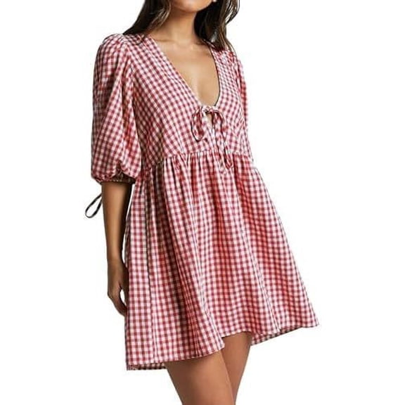 Yucgh Women's Plaid Tie-Front Babydoll Dress with Ruffles and Puff Sleeves, V-Neck Peplum Winter Dress, Long Sleeve Casual Dress,M