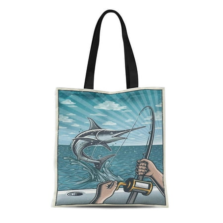 ASHLEIGH Canvas Tote Bag Vintage Deep Sea Fishing Hands Holding Rod Catching Swordfish Durable Reusable Shopping Shoulder Grocery
