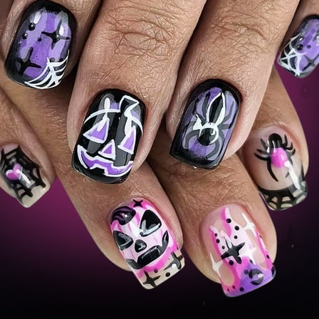 KUFptva Halloween Fake Nails Square Press on Nails Glues on Nails Spiders False Nails Acrylic Nails for Manicure Decorations