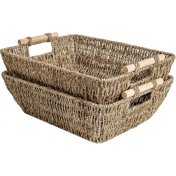 Hand-Woven Jumbo Storage Baskets with Wooden Handles, Seagrass Wicker Baskets for Organizing, 2-Pack