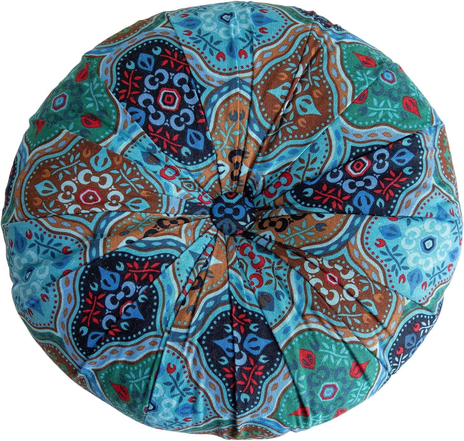 Monebena Round Floor Pillow Cushion Pleated Throw Pillows Boho Printed Accent Pumpkin Decorative Throw Pillows with Button Cotton Linen Pillow Cushion for Sofa Couch Vanity Chair Bed Diameter 14"