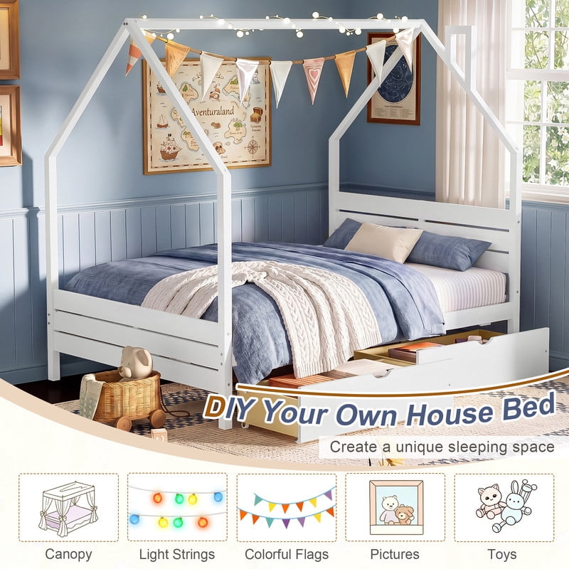 Full Size Kids House Bed Frame, Montessori Child Floor Bed with 2 Storage Drawers, Wooden Low Profile Platform Bed