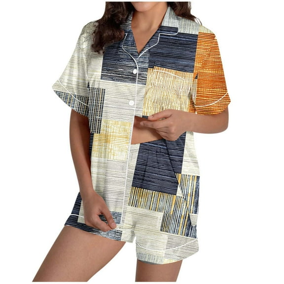 XUNKUSGA 2PC Womens Pajamas Set Soft Silky Satin Short Sleeve Top with Shorts Sleepwear Pj Set Comfortable Button Down Vacation Beach Shorts Set Loungewear Pjs S-2XL Brown