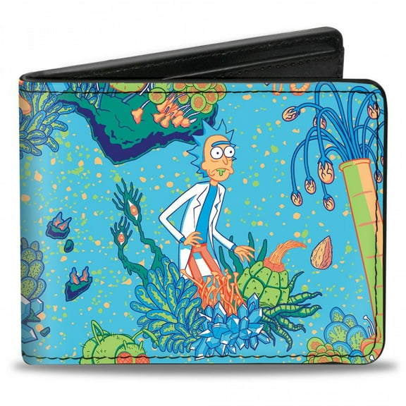 Rick and Morty Wallet, Bifold, Rick and Morty Botanical Garden Collage Blue, Vegan Leather