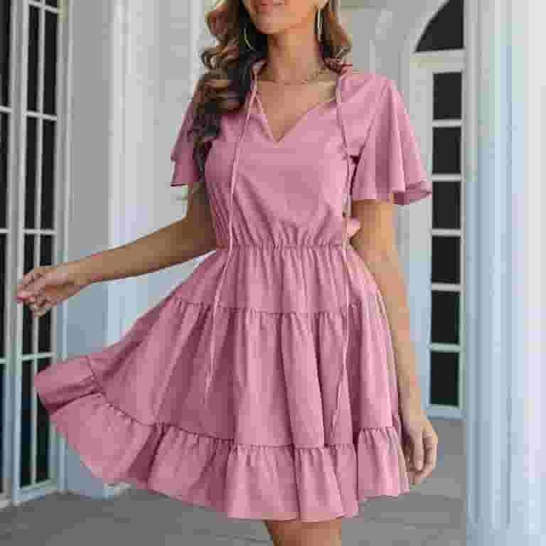 ■MOJO ESPIN(模造エスピン)Neck ruffle A-line flare dress Fesfesfes Spring Dress for Women Sexy V Neck Drawstring
