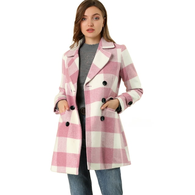 INSPIRE CHIC Women's Notched Lapel Double Breasted Plaids Overcoat