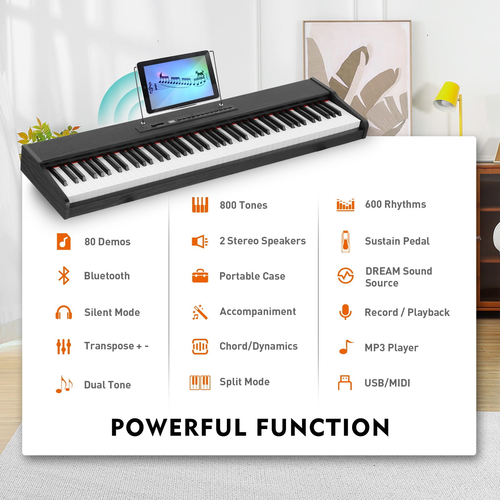 Mustar 88 Key Portable Electric Digital Keyboard Piano Semi Weighted with Stand, Bluetooth Connection, Case, Sustain Pedal (Black)