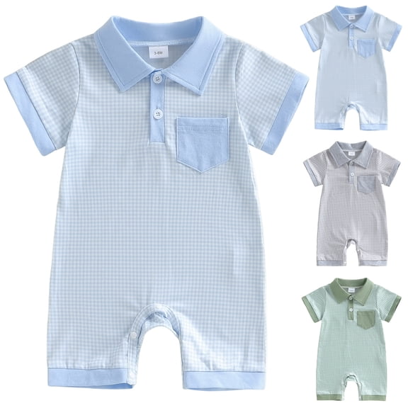 WUANDIXFA Baby Boy Clothes Gingham Short Sleeve Collared Romper Jumpsuit Plaid Button Down Bodysuit Summer Outfit (Blue, 6-9 Months)