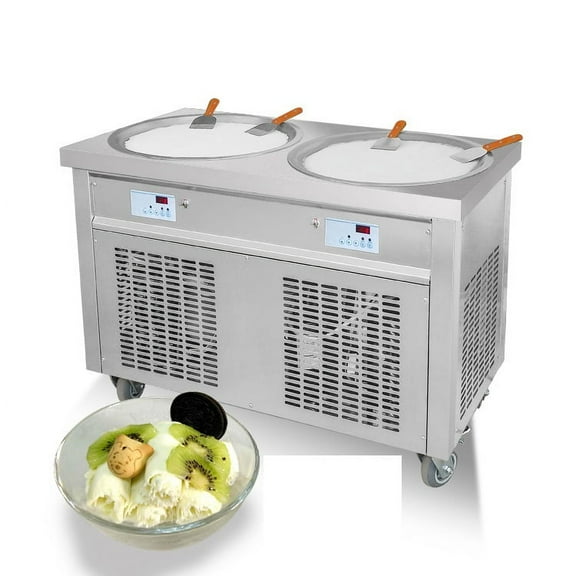 Kolice Commercial 22" Double Round Pans Fried Ice Cream Roll Machine, Yogurt Fry Ice Cream Machine With Transparent Sneeze Guard
