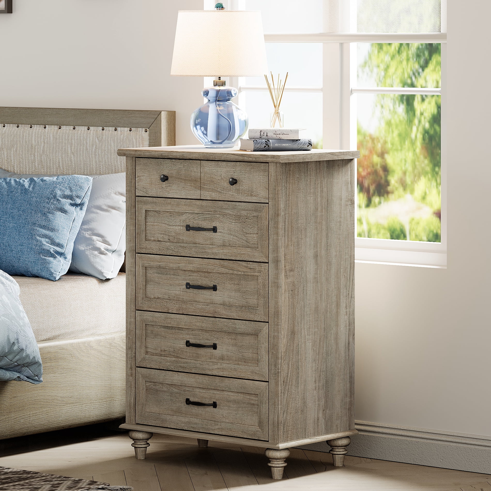 Grey Wood Chest of Drawers, Farmhouse Dresser for Bedroom & Living Room