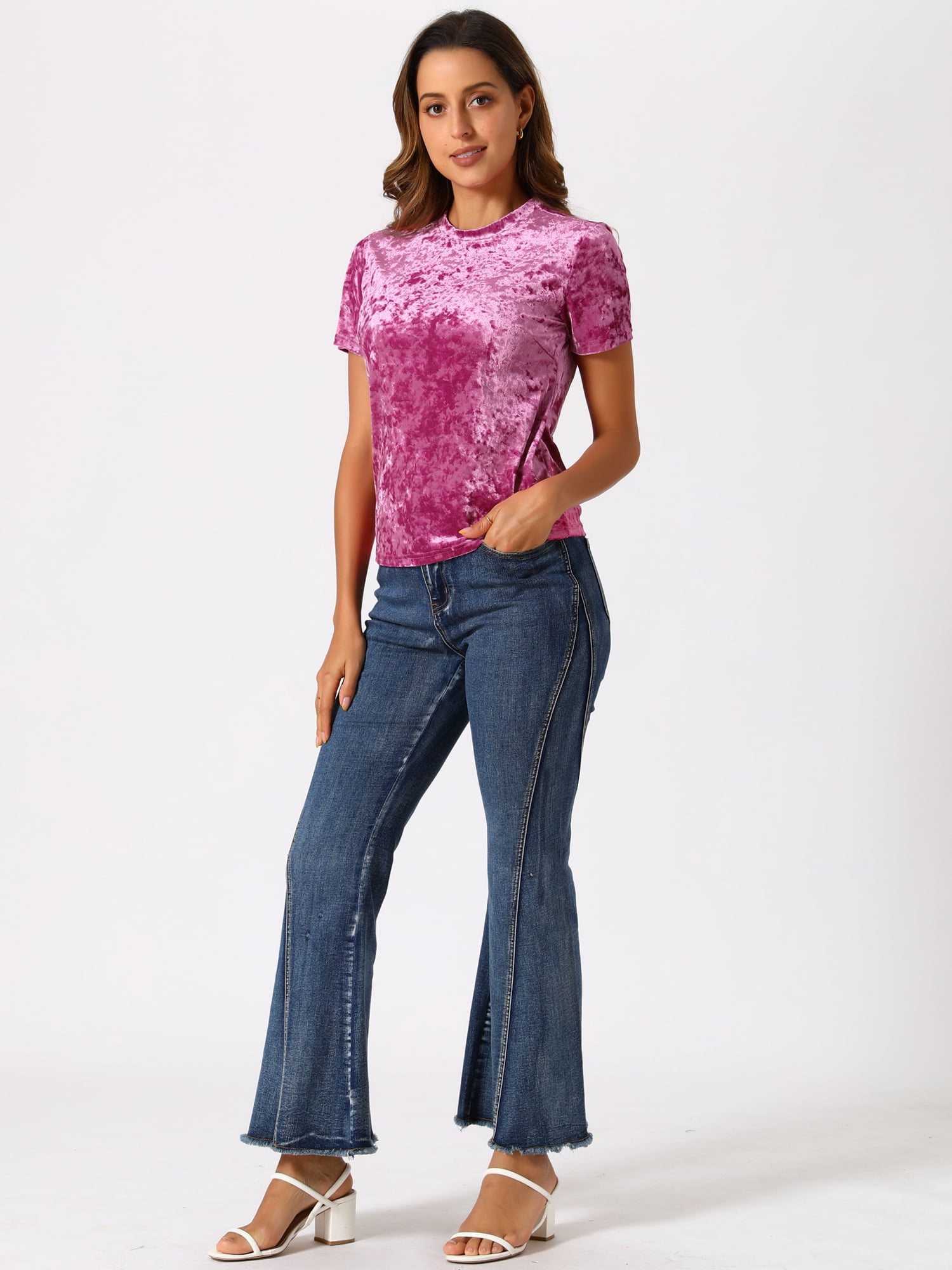 DARING DIVA Women's Velvet Blouse Tops Crew Neck Short Sleeve T-Shirt S Hot Pink