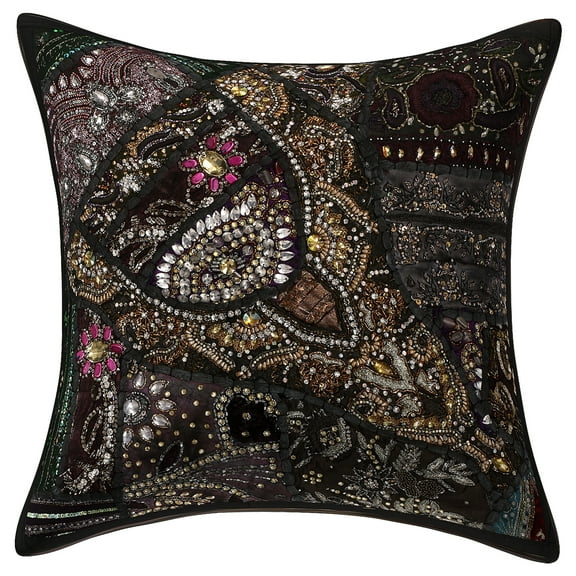 Stylo Culture Indian Cotton Home Decor Throw Pillow Sham Cover Black 16 x 16 Bohemian Beaded Sequins Patchwork Embroidered Sofa Cushion Cover 40x40 cm Decorative Boho Square Pillowcase | 1 Pc